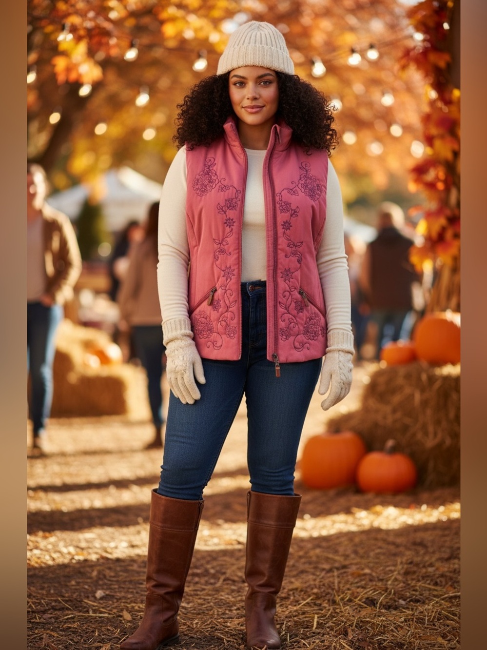 Koret 1X pink floral embroidered lined‎ pockets puffer vest